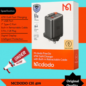 MCDODO CH 409 67W 1C+1A Digital Display GaN Charger Built-in 65cm retractable USB-C Cable UK Plug